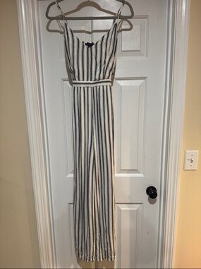 American Eagle Outfitters Navy and White Striped V-Neck Jumpsuit